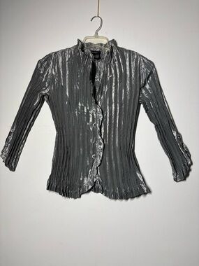 Bay Studio Metallic Silver Pleated Ruffle Button-Front Blouse Size M